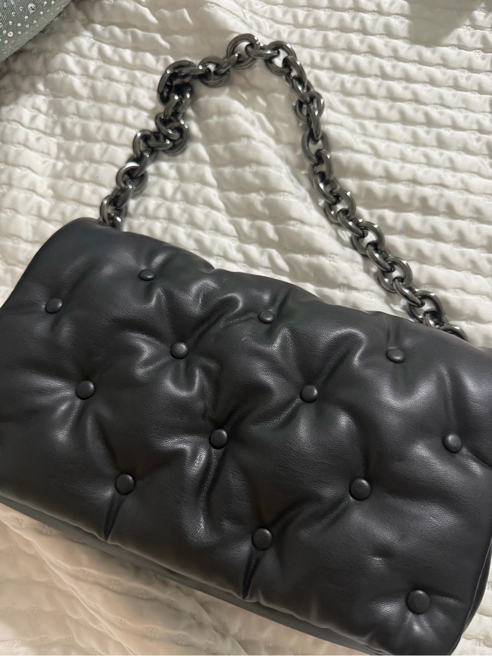 Zara Black Quilted Button-Detail Shoulder Bag with Chain Strap